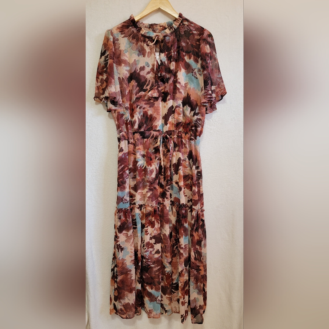Women's Philosophy Tiered Ruffle Floral Dress, Maroon/Blue, Size M, Nwt